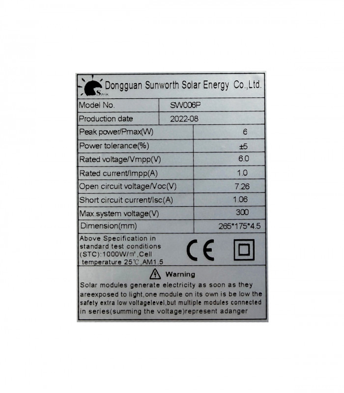 Solar panel 6 V power 6 W without frame